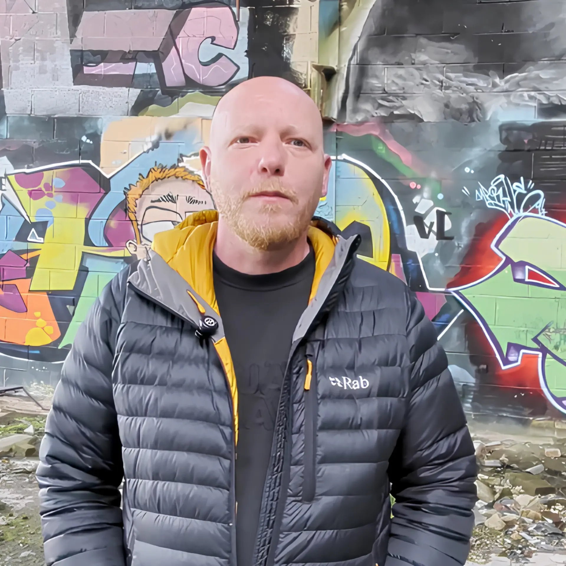 Alex Cuthberston in front of a graffiti wall