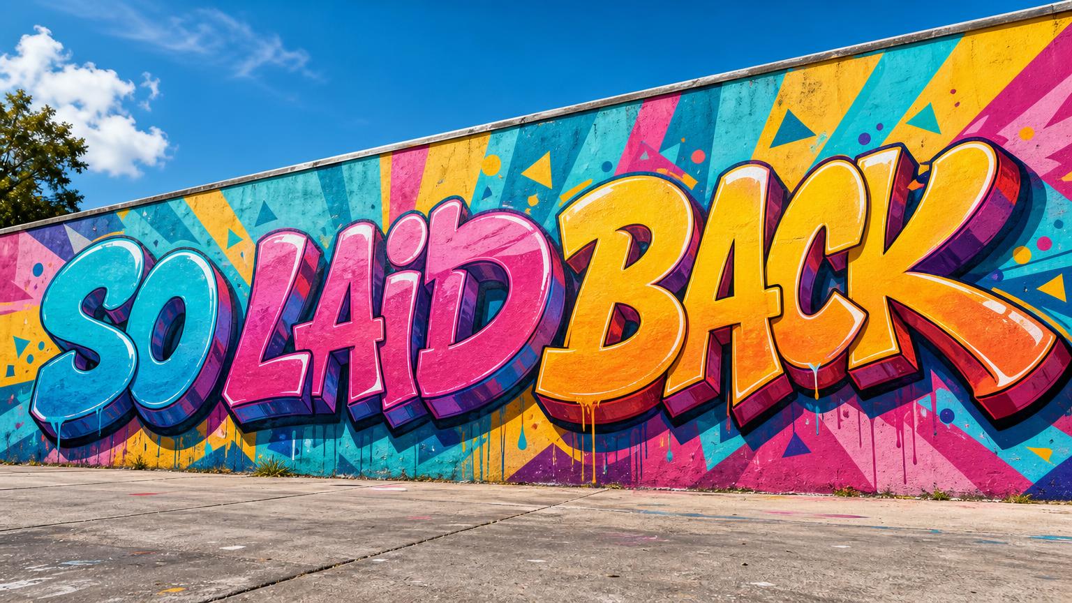 Colourful graffiti mural spelling So Laid Back on a sunlit urban wall