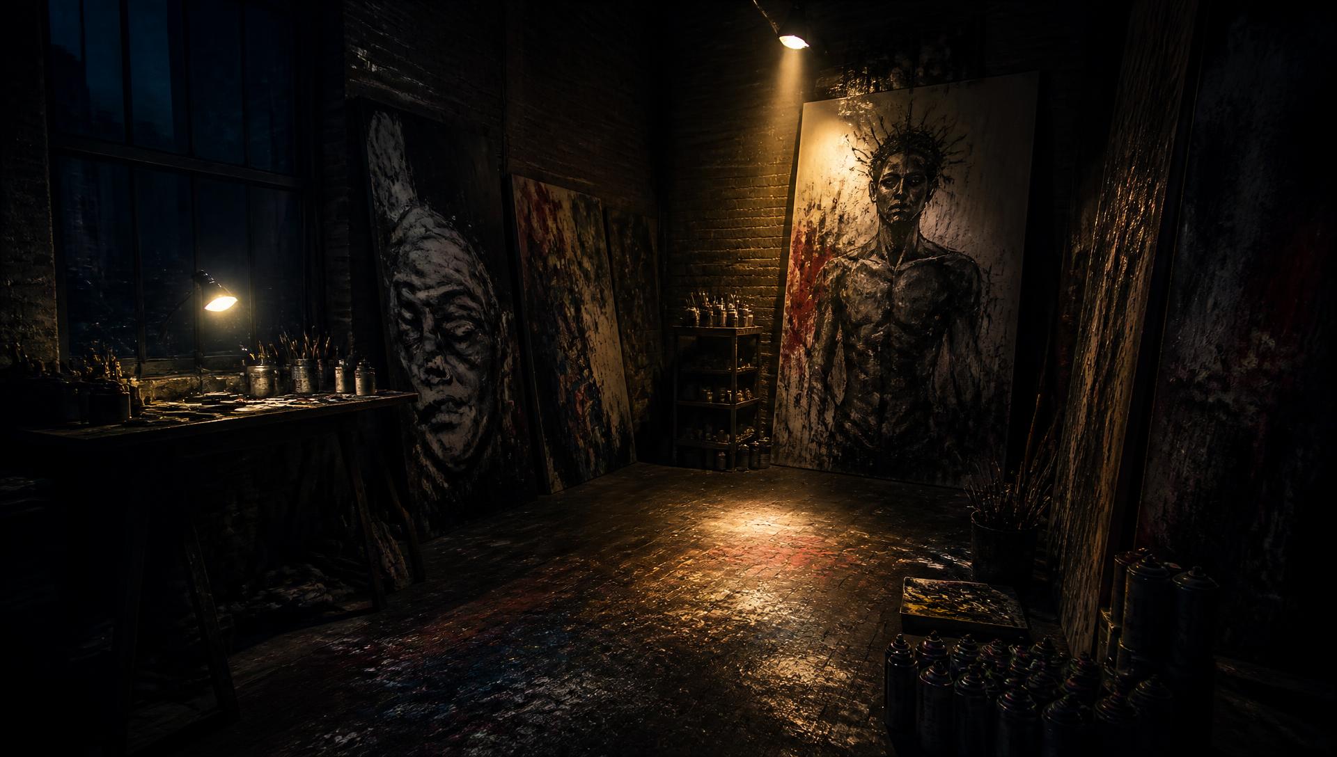 Moody artist studio with canvases stacked against the wall